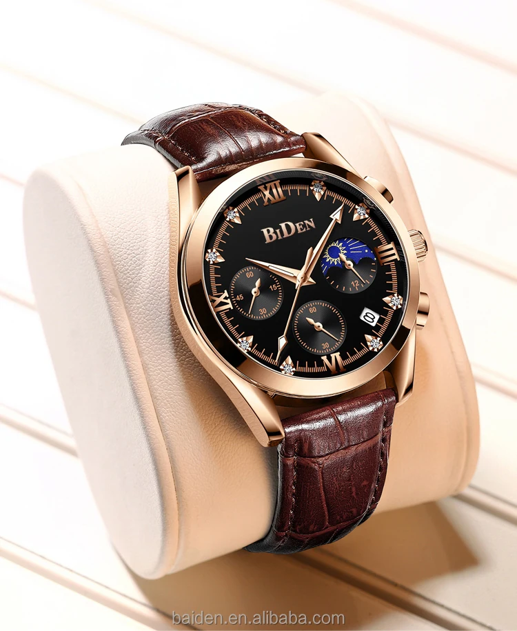 factory wholesale wristwatch business luminous hands waterproof chronograph leather analog quartz watch Jam tangan pria
