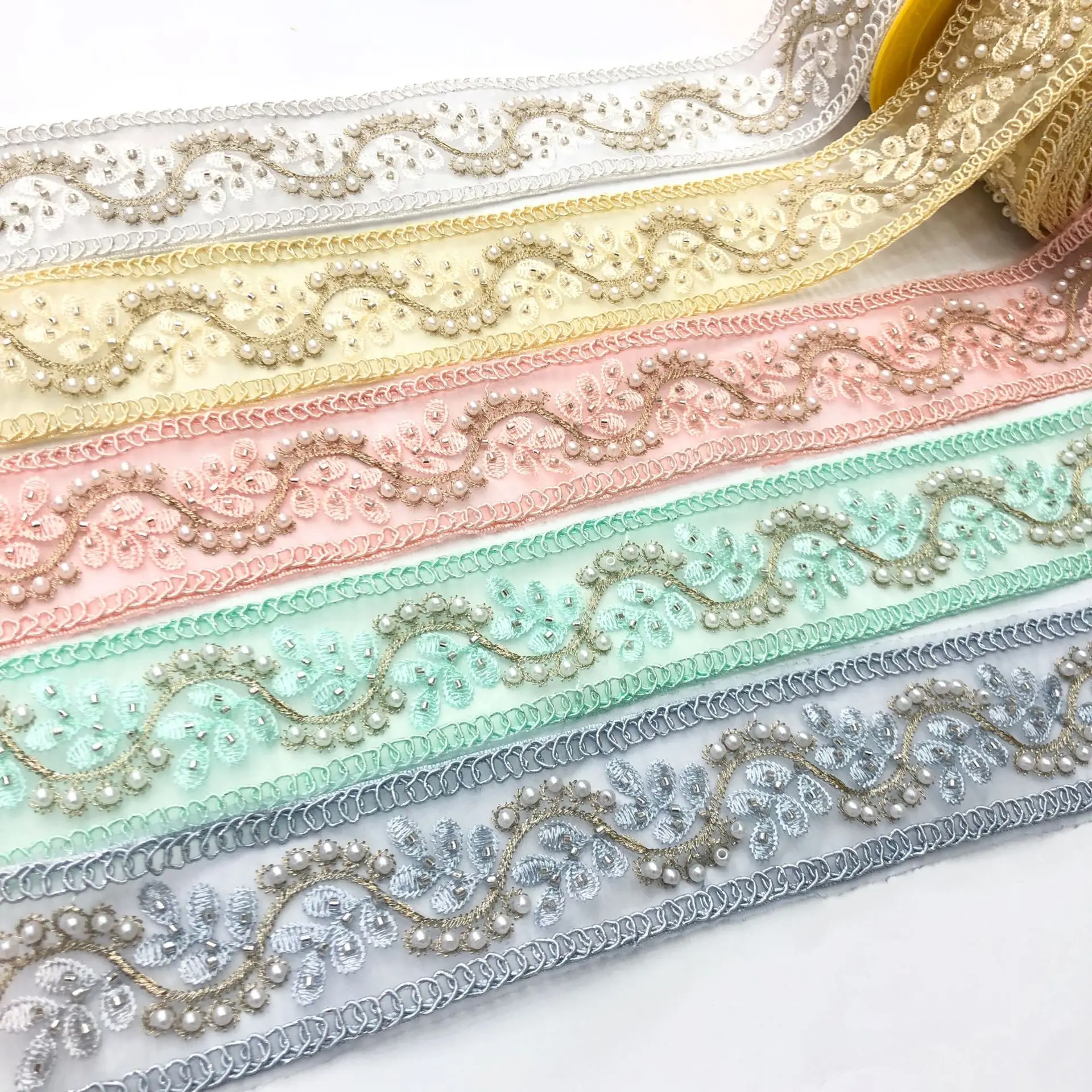 Fashion Colorful Light blue yellow pink sewing embroidery border bridal decorative lace organza trimmings for dress