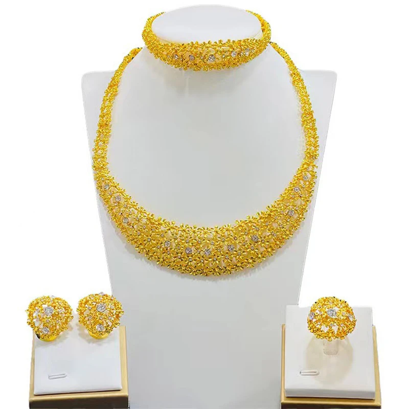 Wholesale Dubai 24K Gold Ornament Jewelry Suit Necklace Earring Bracelet Ring Indian Four-Piece Set for Women