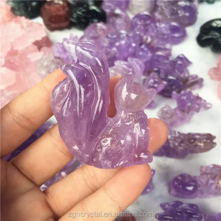 Robin Crystal wholesale natural amethyst hand carved crystal nine-tailed fox statue for gifts