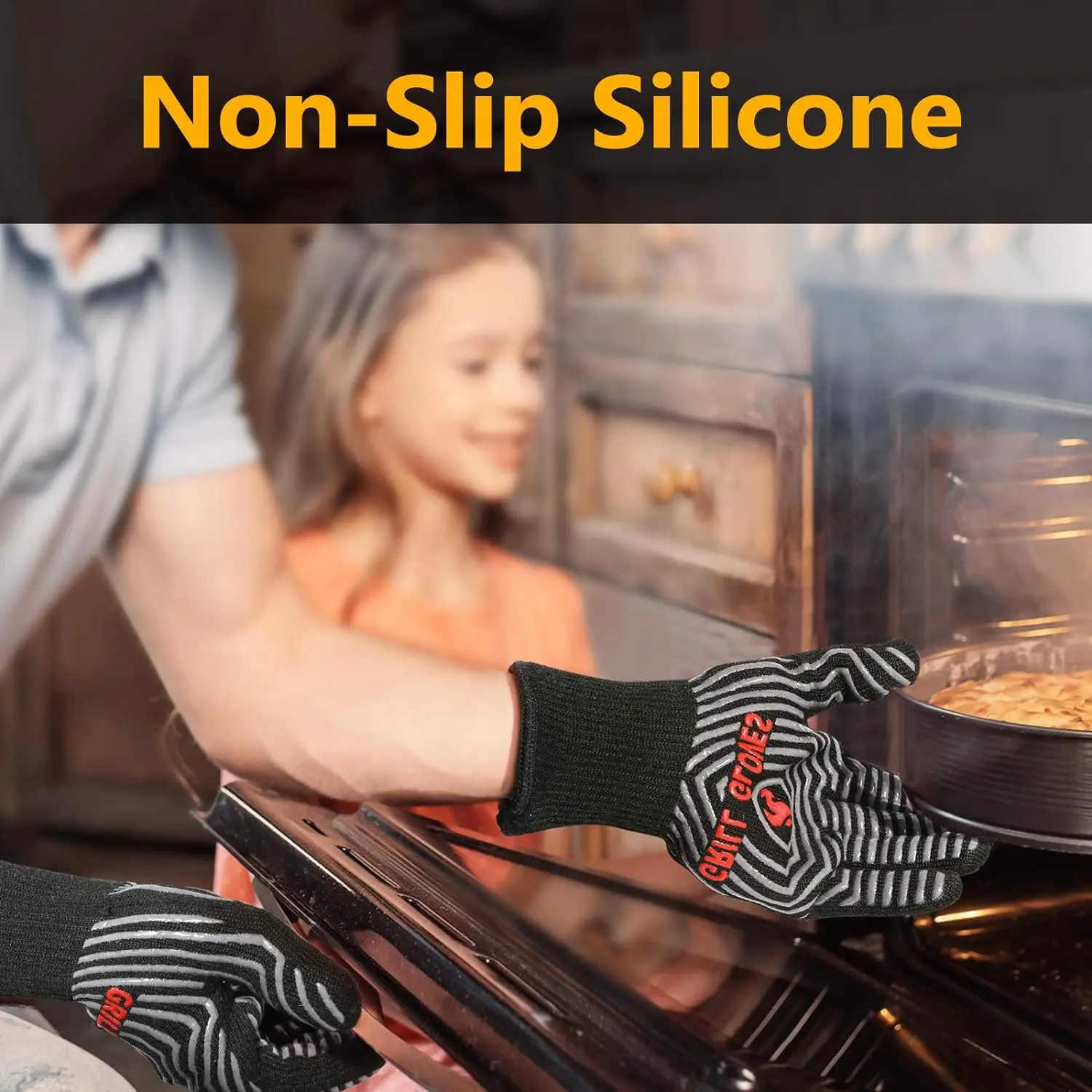 1472F Extreme Heat Resistant Silicone Non-Slip Kitchen Oven Mitts BBQ Gloves for BBQ, Cooking, Baking