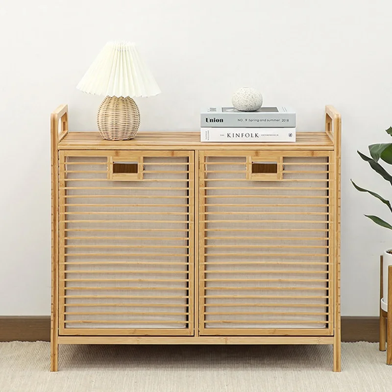 Wholesale factory outlet Bamboo organizer racks bathroom shelf  wooden storage shelves Dirty Clothes Basket