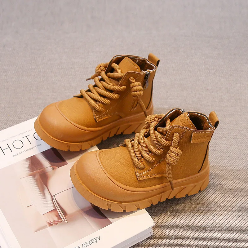 2025 New Fashion Anti-Slip Sole Winter Kid Shoes High Quality Soft PU Warm Plush Ankle Height Boots Boys Girls Flat Light