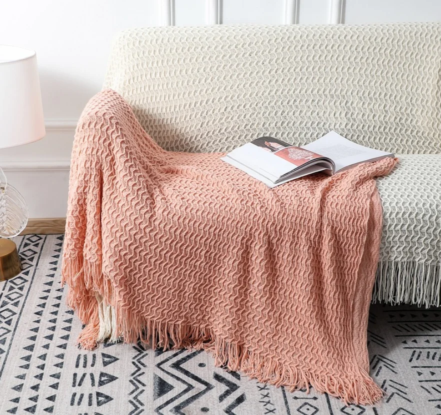 White 100%Cotton polyester Knitted sofa towel Throw sofa blanket Soft Cozy Woven for sofa