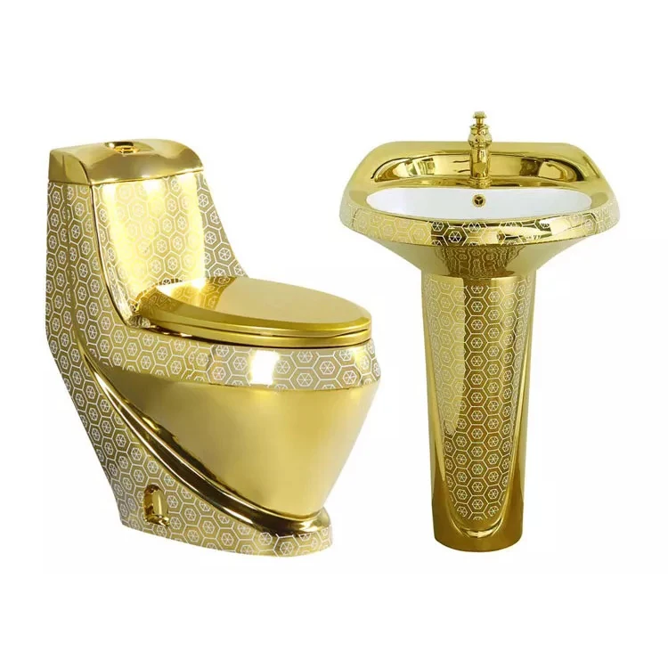 Electroplated golden luxury sanitary ware suite one piece wc toilet bowl and pedestal basin sink gold toilet set