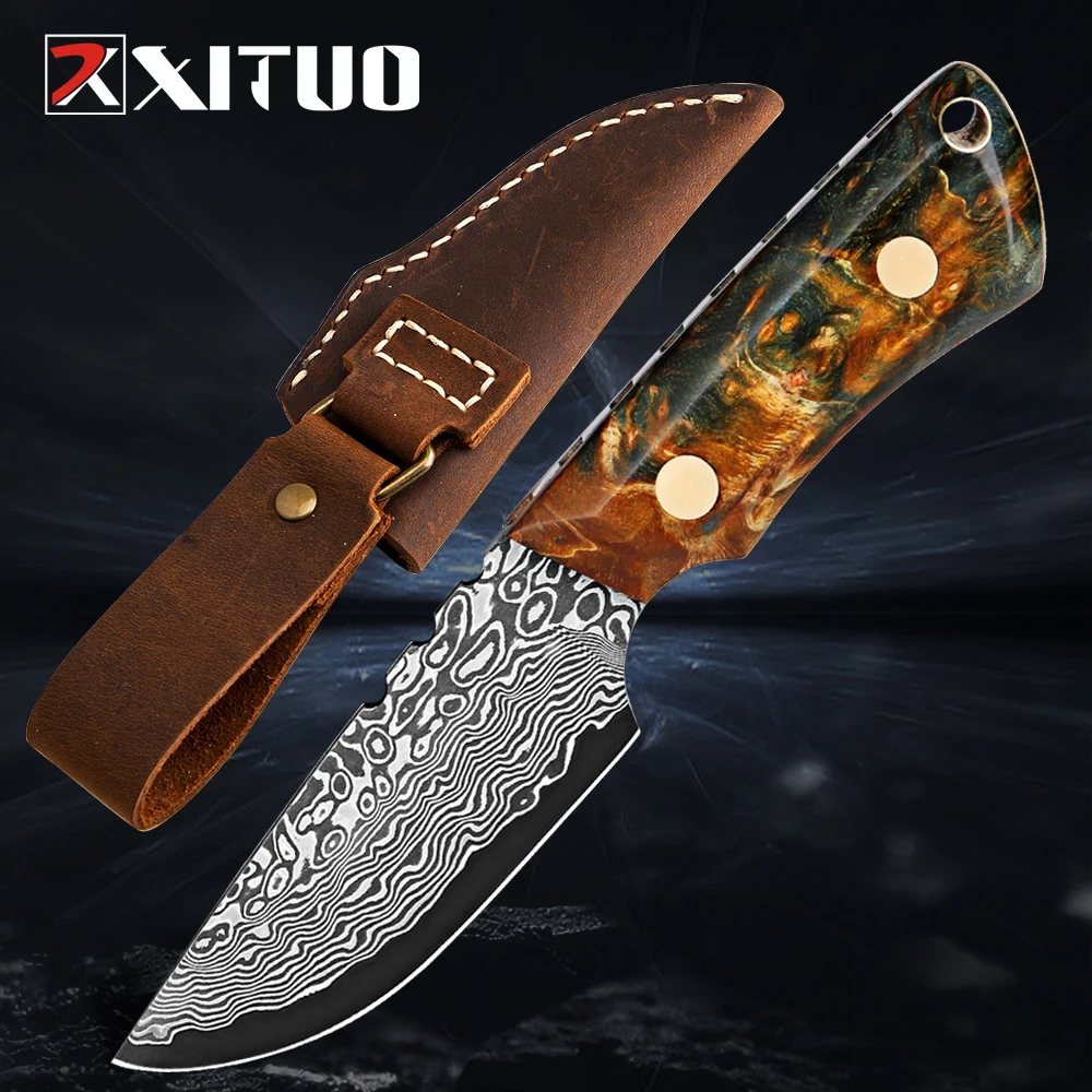 Handmade Damascus Fruit Knife Damascus Steel Blade Hunting Skinning Knife Fixed Blade Camping Survival Knife With Leather Sheath