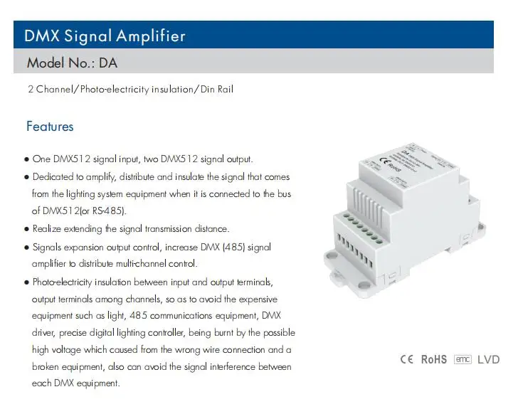 Skydance DA 4 Channels Din Rail DMX 512 RDM signal splitter signal amplifier in din rail  2 way