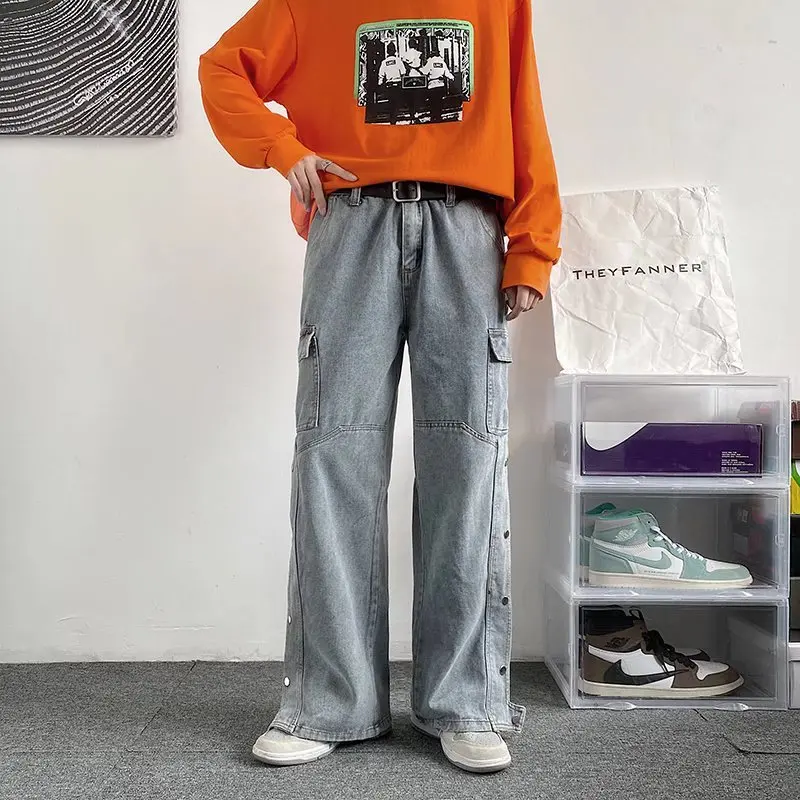 High Street Style Denim Cargo With Side Pocket Jeans Vintage Straight Wide Leg Jeans Loose Jeans
