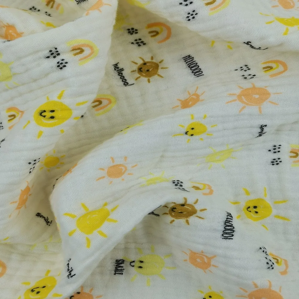 Popular Baby Mosquito Pants Washed Cotton Fabric Pleated Seersucker Sleepwear 3-layer Cotton Crepe Gauze  Print Fabric