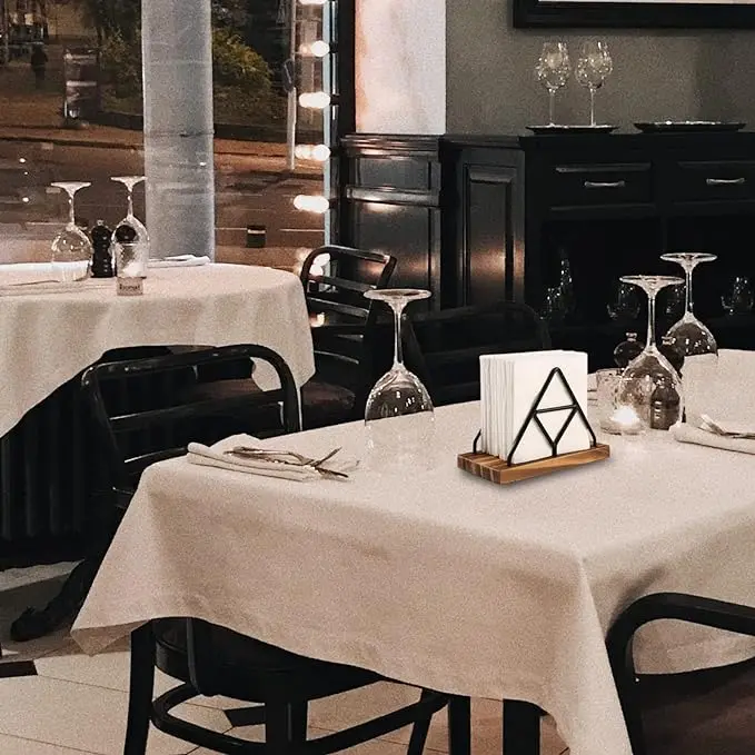 Napkin Serviette Holder Desktop Ornament Dining Metal with Wooden Base Tabletop Tissue Dispenser Napkin Storage Box Organize