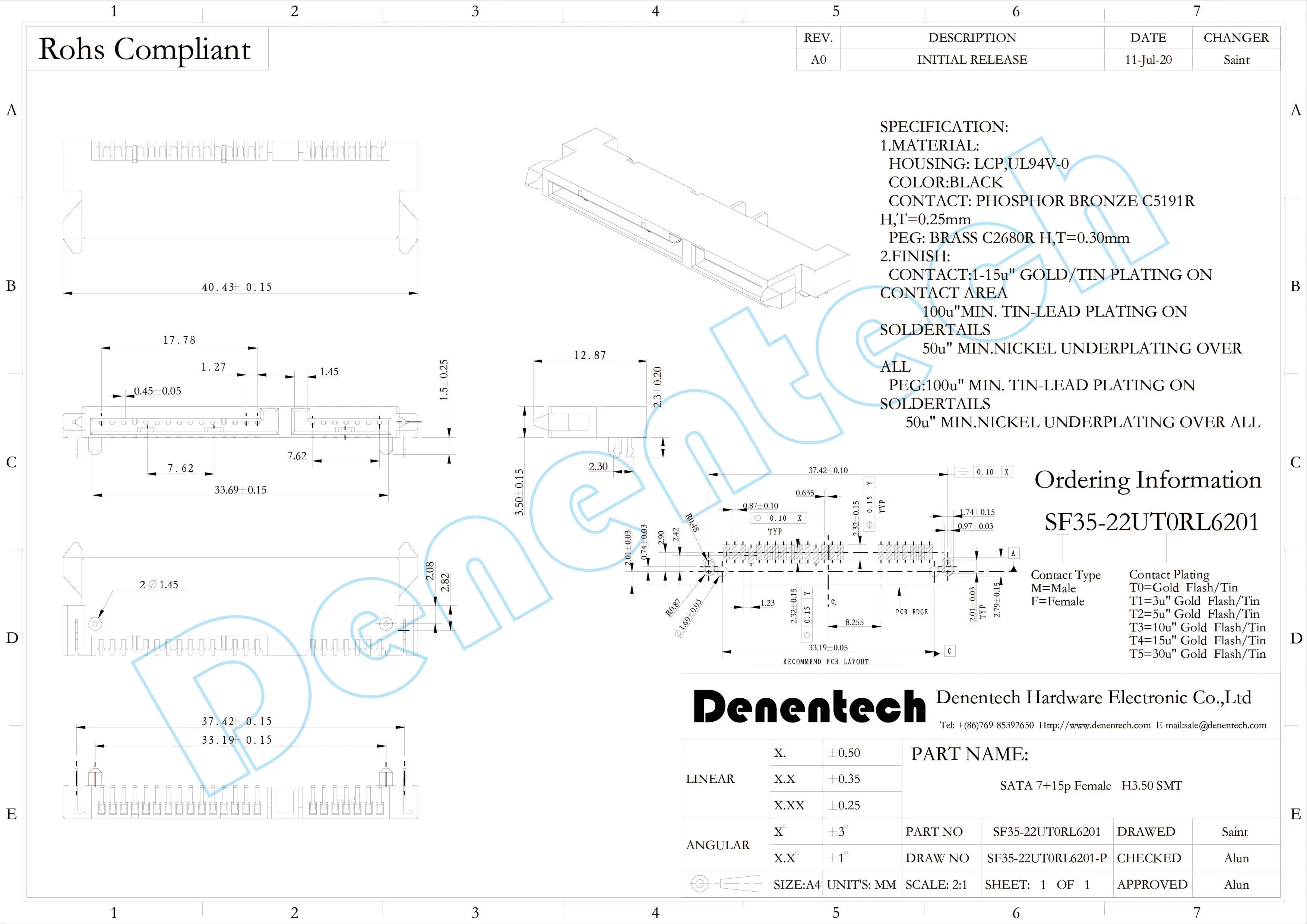 Denentech SATA 7+15p Female H3.50 SMT