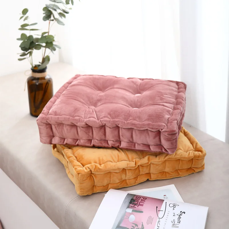 Multi Color Solid Velvet Square Floor Cushions With Handle Handmade Soft Futon Mat