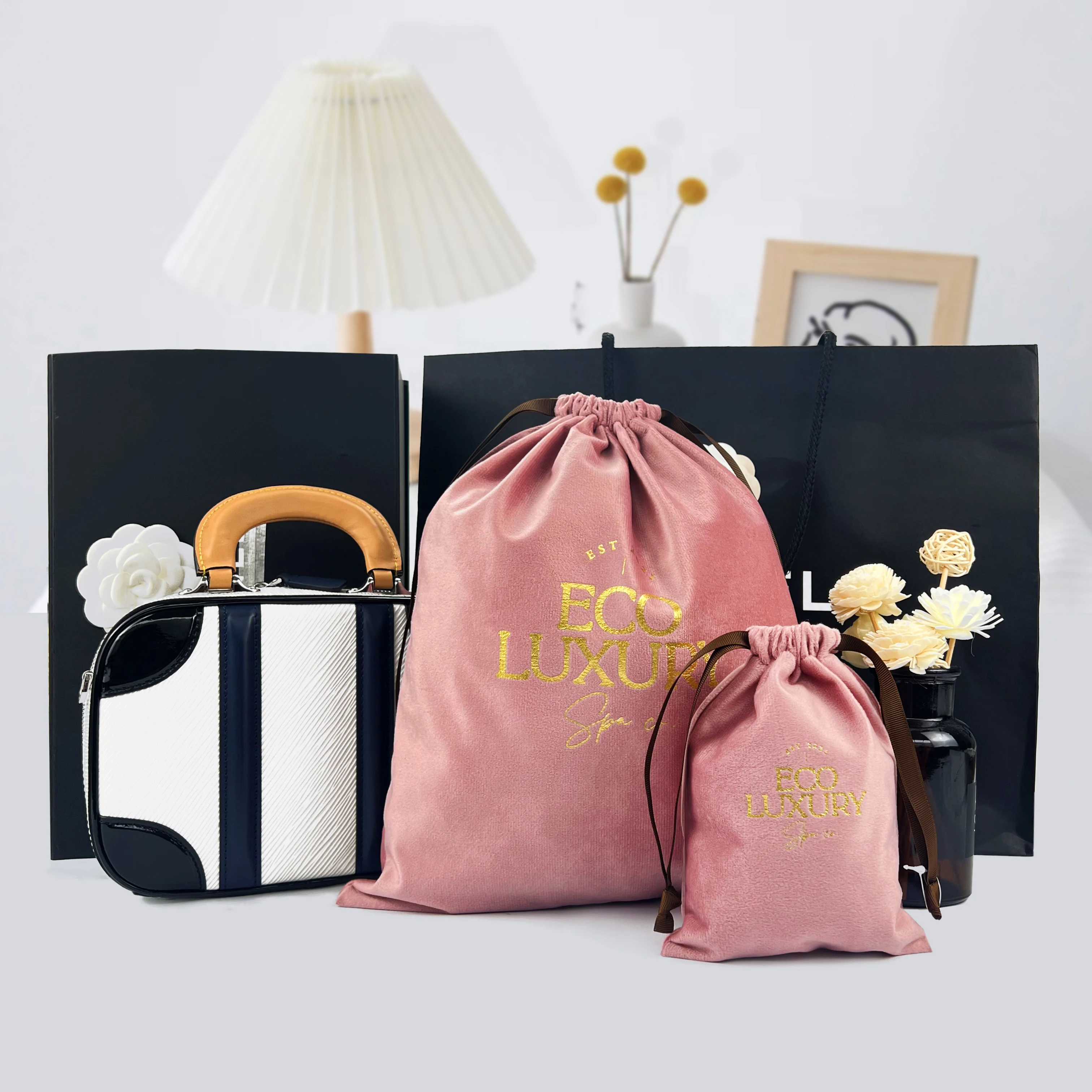 Custom Logo Gold Stamping Printed Plush Cotton Velvet Jewelry Pouch Soft Gift Packaging Drawstring Dust Bag