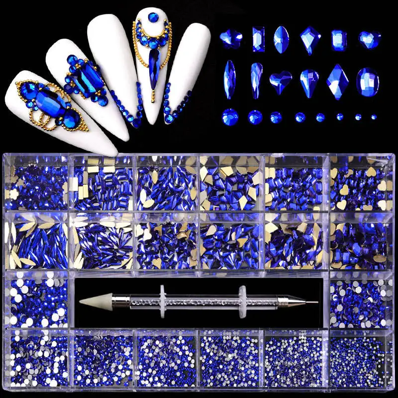 High Quality Different Size Luxury Nails Crystal Stones Charm Decoration 3D Nail Art Rhinestone Set With Point Drill Pen