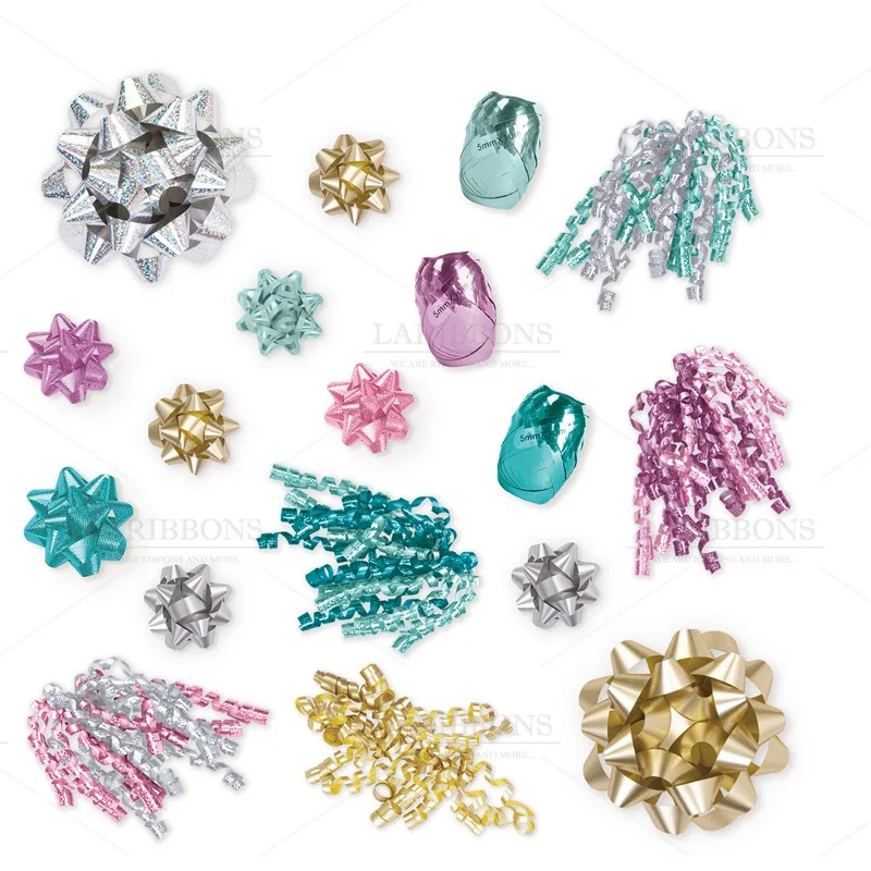 Бесплатный образец, оптовая продажа, набор красочных бантов в виде единорога для рождественской вечеринки, самоклеящийся кудрявый бант, Подарочный аксессуар, банты из полипропилена в виде звезды