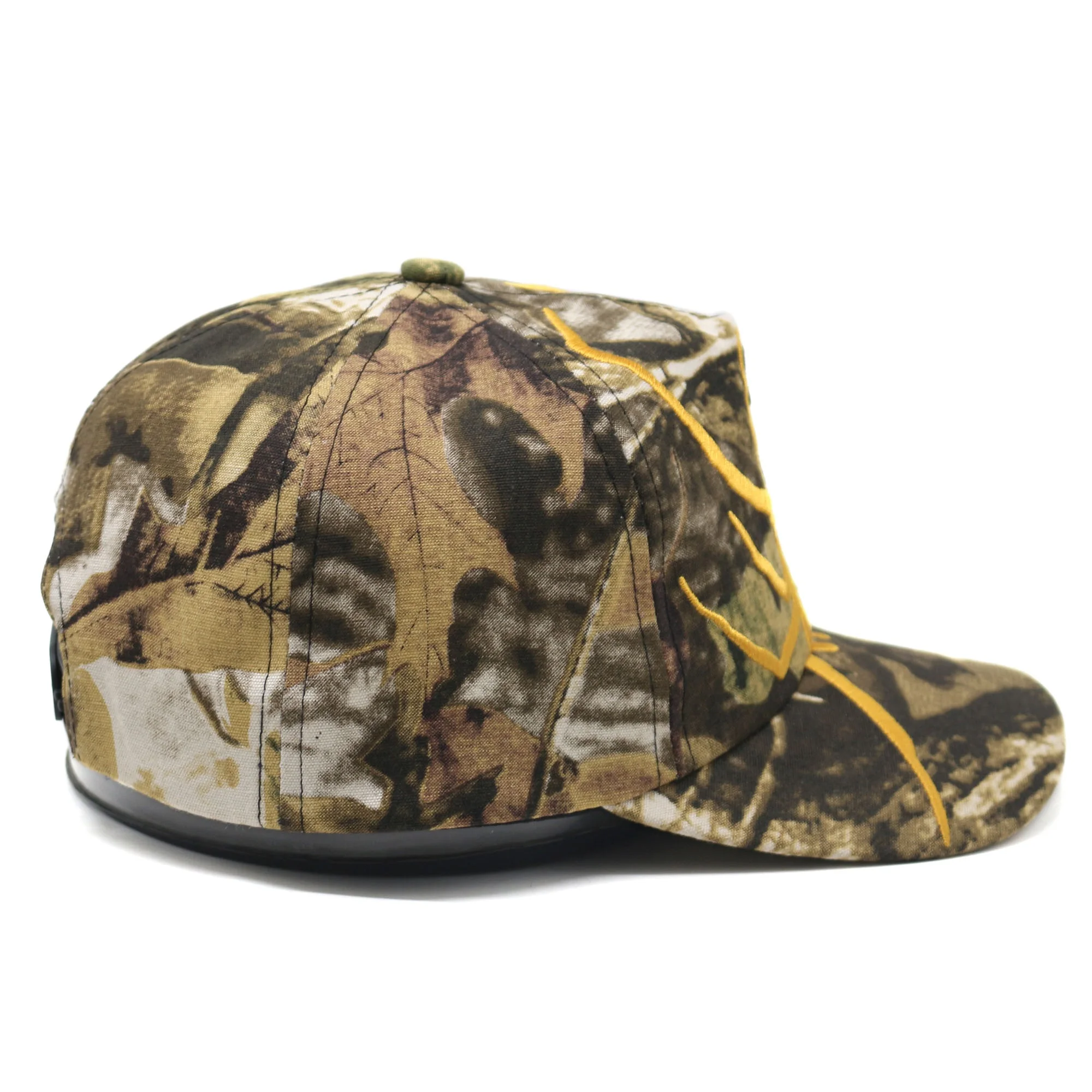 Cotton 5 panels unstructured embroidered logo snapback cap unstructured slight curved brim camo hat
