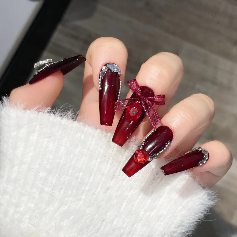 Design #1405 10pcs 3d Luxury Handmade Artificial Fingernails French Tip Nails Cherry Red Diamond Coffin Long Press On Nails