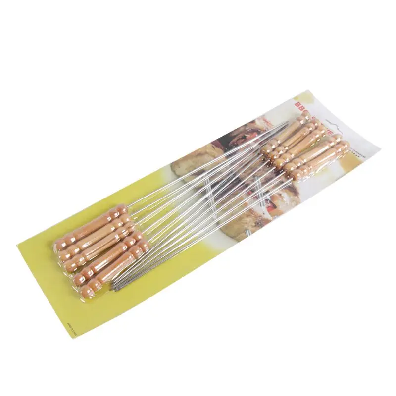 F1-358 Stainless Steel Needles wooden handle Grilling kebab Skewers Barbecue Roasting Sticks wood Bbq tools accessories skewers