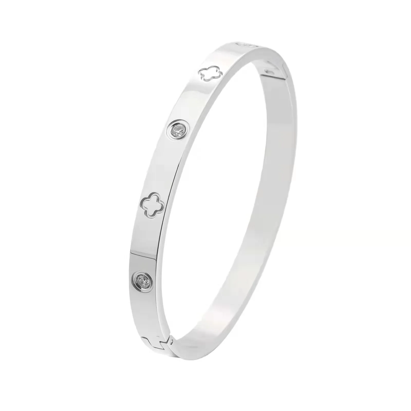 Gold Rose Gold Plated Bangle Bracelet CZ Stone Stainless Steel Cross Four Clover Bangle Bracelets for Women Jewelry