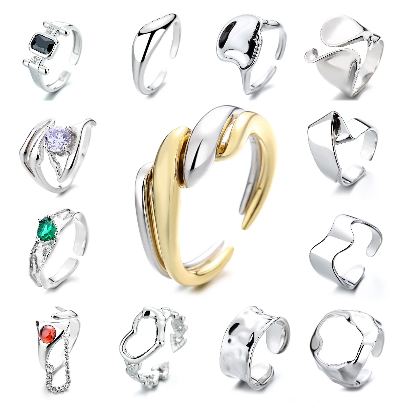 VANA 925 Sterling Silver Irregular Hiphop Rhodium Plated Rings Gold Plated Adjustable Women Men Open Band Statement Ring Jewelry