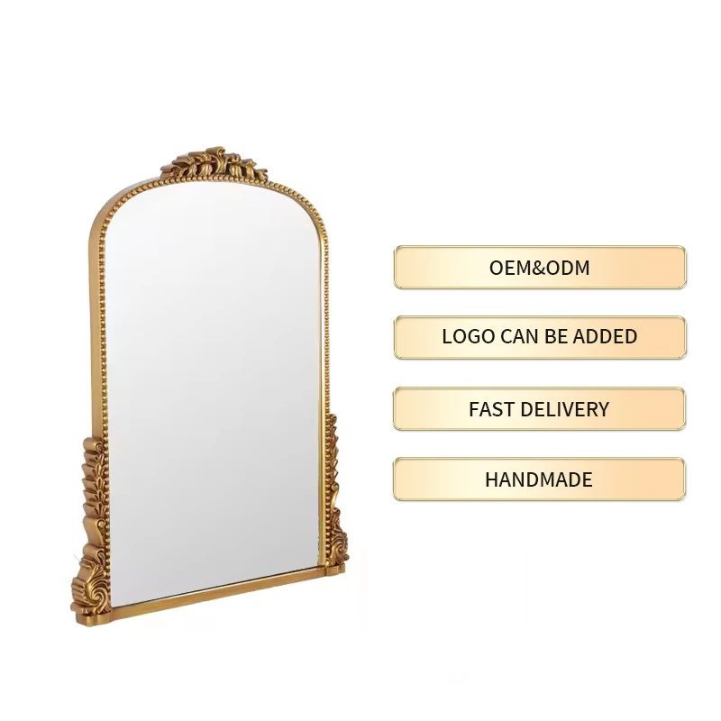 Antiqued Gold Ornate Mirror Arched Mantel Wall Mirror Baroque Inspired Bathroom Vanity Wall Mounted Mirror, 60*80cm