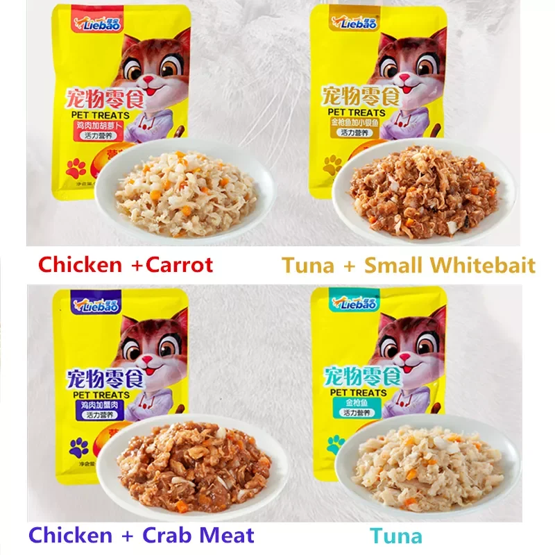 Factory OEM Custom High Nutrition 80g Chicken Carrot Wet Cat Food Fresh Delicious Tuna Whitebait Pet Cat Wet Food Treats Snacks