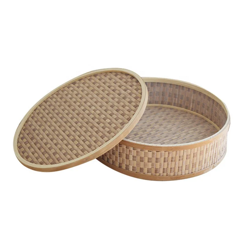 Hot Sale Natural Material Bamboo Hand-Woven Round Tray Minimalist Large Capacity Party Food Fruit Placement Storage Tray