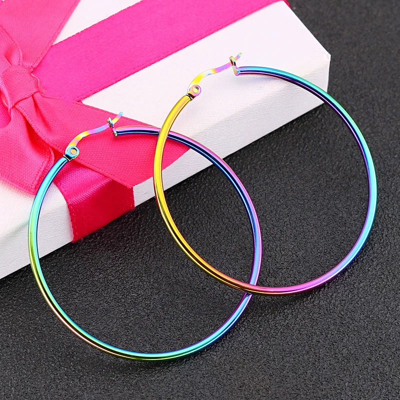 Trendy Fashion Stainless Steel Stud Earrings Gold Plated Big Circle Hoop Round Piercing for Men and Women Silver Color Bulk