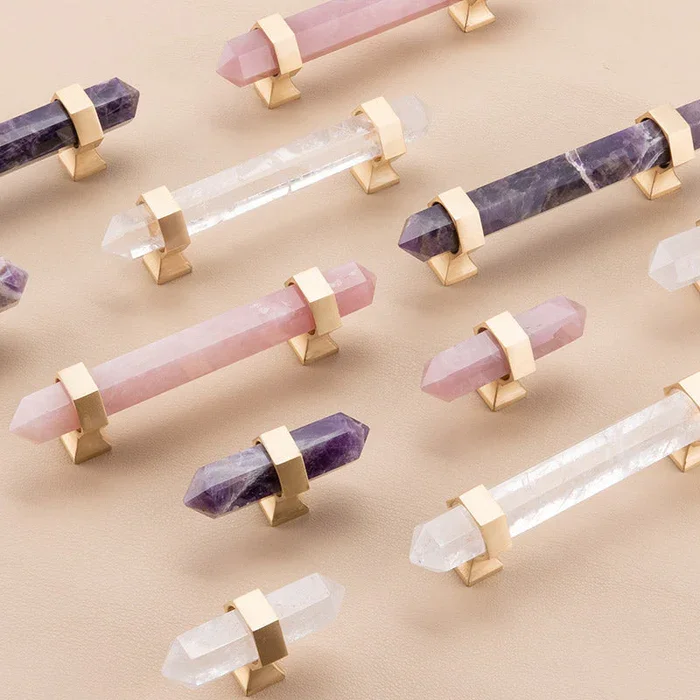 Maxery Luxury Gold and Rose Pink Quartz Crystal Hexagonal Bar Pull Small Pull Rose Quartz Cabinet Cupboard Knobs