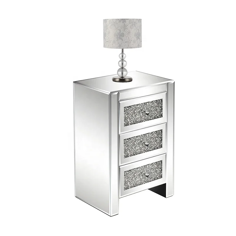 BELLEWORKS Custom Mesitas De Noche Mirrored Bedroom Furniture Cabinet 3 Drawer Mirror Night Stand Beside Side Table