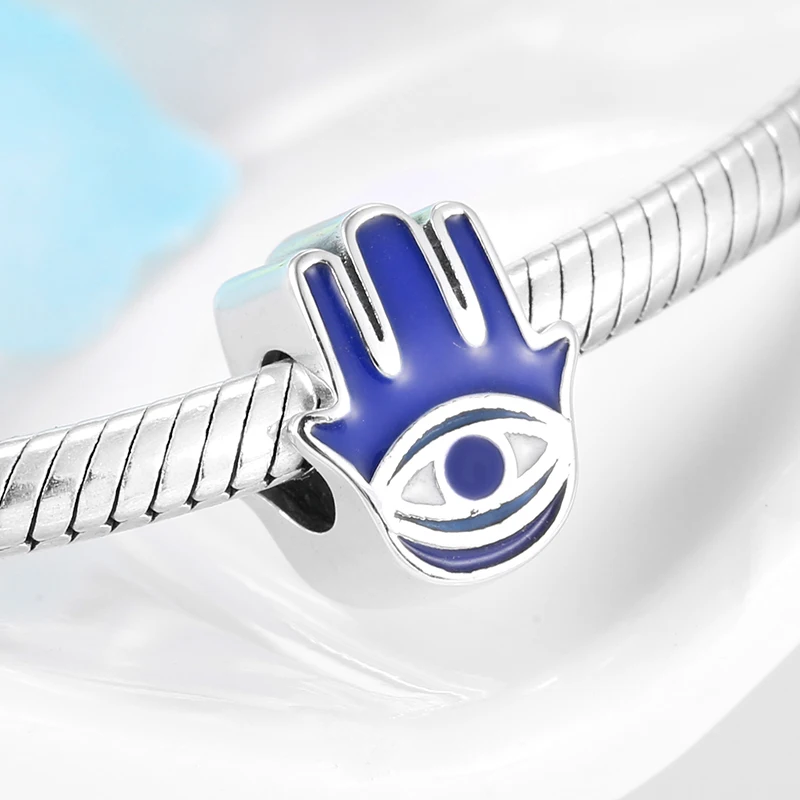 Real 925 sterling silver Blue Enamel Charm Fatima Hand Beads DIY Jewelry Fit Charm Bracelet Fashion jewelry Wholesale lots bulk
