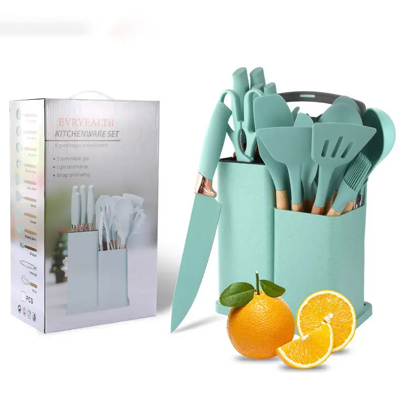 19 Piece Colorful Silica gel  Kitchenware With Wooden Handle And Cuttings Board Storage Basket  Kitchen Accessories Set