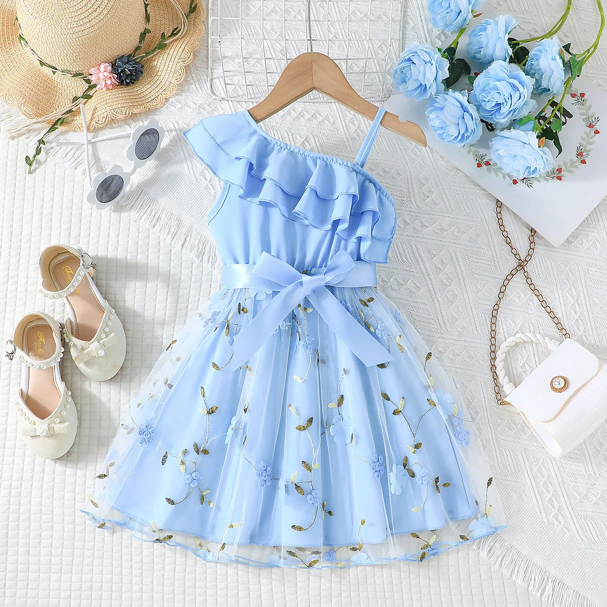 2025 Summer Boutique Beautiful Kids Clothing One Shoulder Lace Flower Princess Girls Dresses