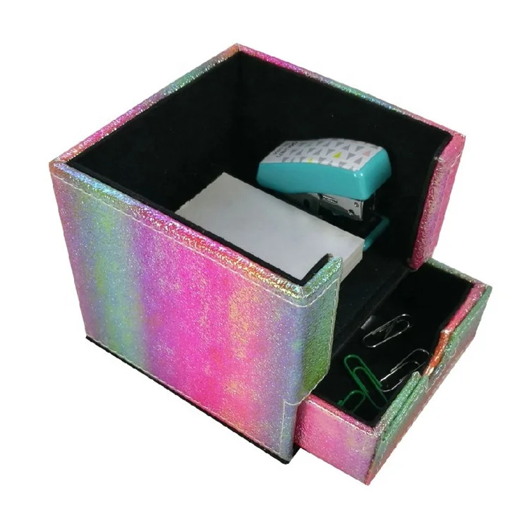 LG8050 Handmade Shining Colored PU Leather with drawer Sundries desktop Organizer memo pad holder