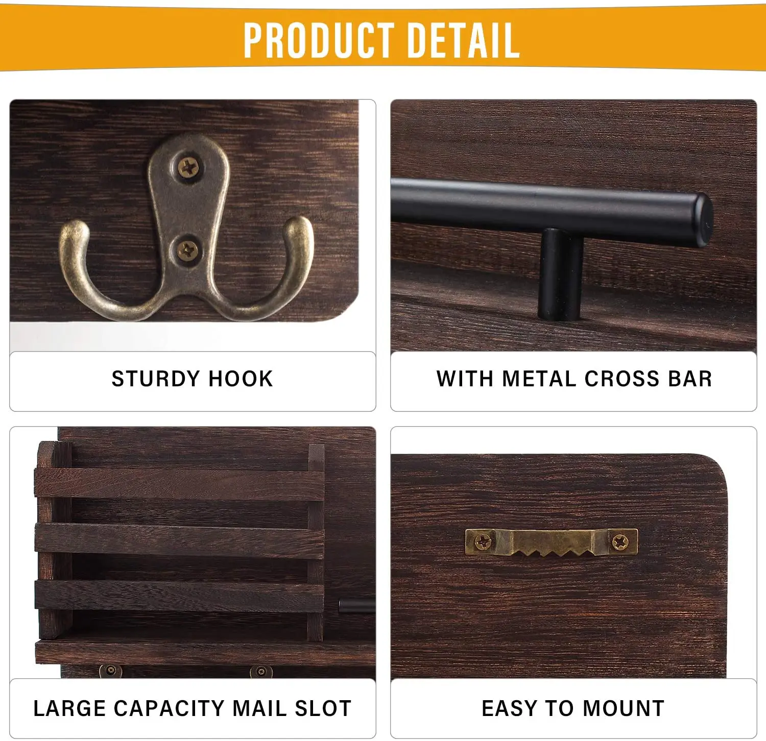 Wooden Mail and Key Holder for Wall Decorative  Rustic Wall Mounted Mail Organizer with 4 Double Key Hooks and 1 Mail Sorter - P