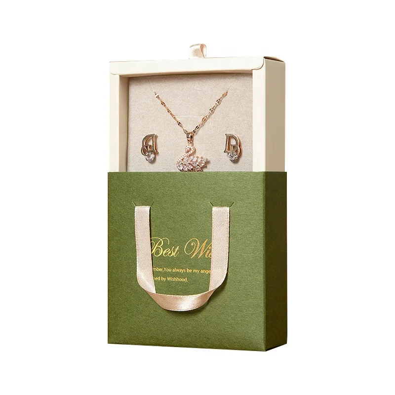 Custom Luxury Small Jewelry Gift Packaging Drawer Paper Box Paper Bag Set Green Sliding Jewelry Paper Box with Ribbon Puller