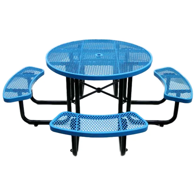 outdoor furniture commercial round thermoplastic steel picnic table restaurant outside patio metal mesh dining table with bench