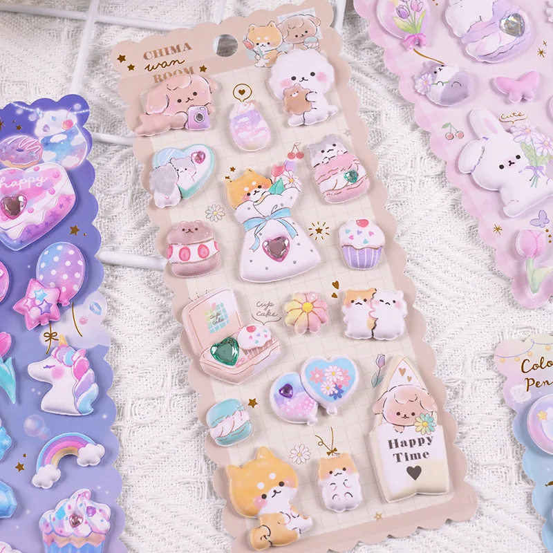 Kids 3D cartoon stickers Puffy foam decals soft thickened puffy sticker with Rhinestones gem Dogs Penguin Fly horse design