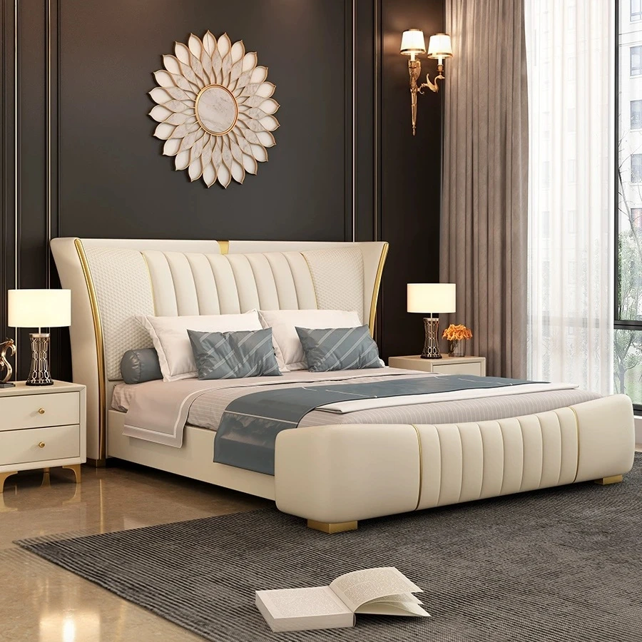 Home King Size Big Headboard Leather Upholstered Italian Style Modern Luxury Bed Room Frame Set Bed room Furniture