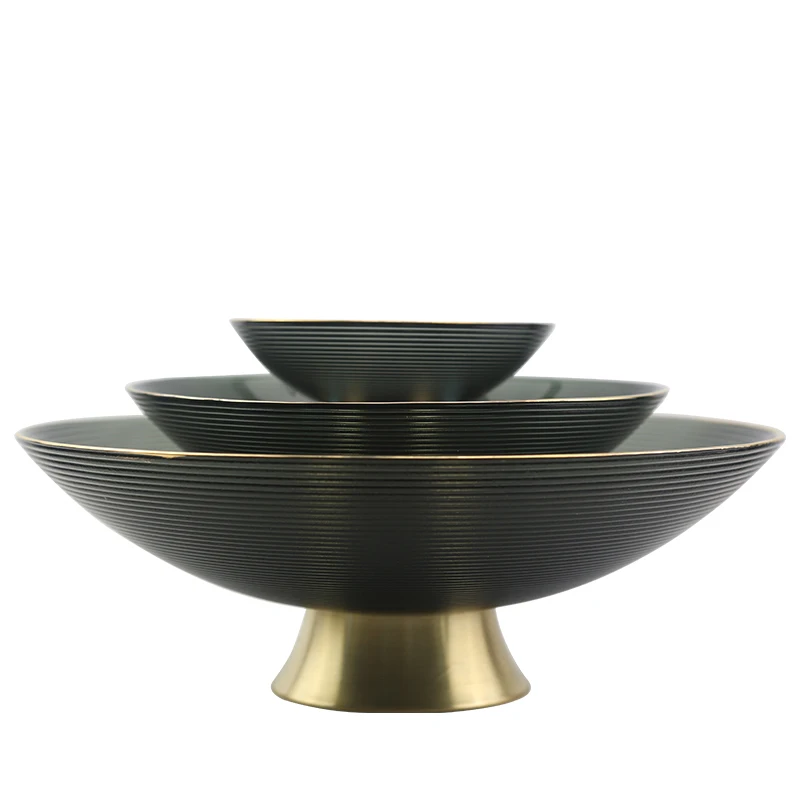 Hot selling light luxury serving tray with copper support household glass fruit plate