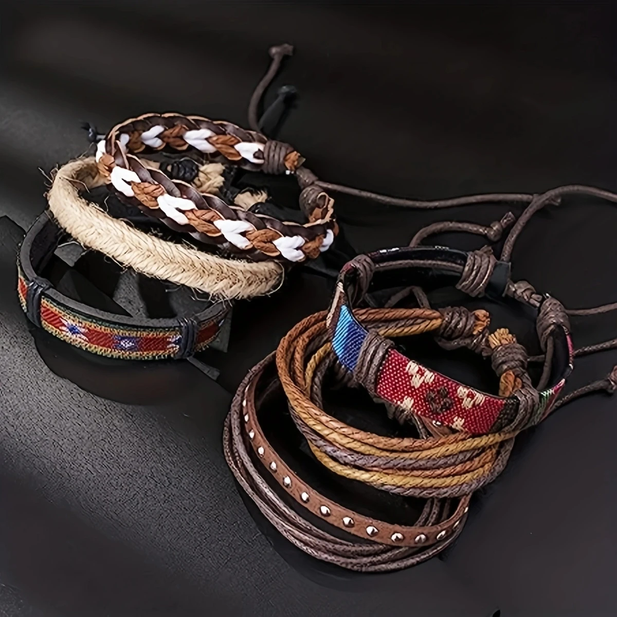 12Pcs Braided Leather Bracelets Set For Men Women Wooden Beaded Cuff Wrap Bracelet Boho Ethnic Tribal Linen Hemp Cords Wrap
