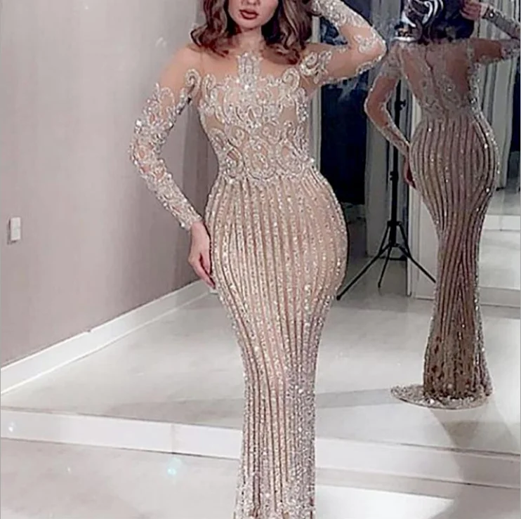 Elegant Bronzing Long Sleeve Floor Length  Womens Dresses Formal Sequins Women Evening Gown Dresses