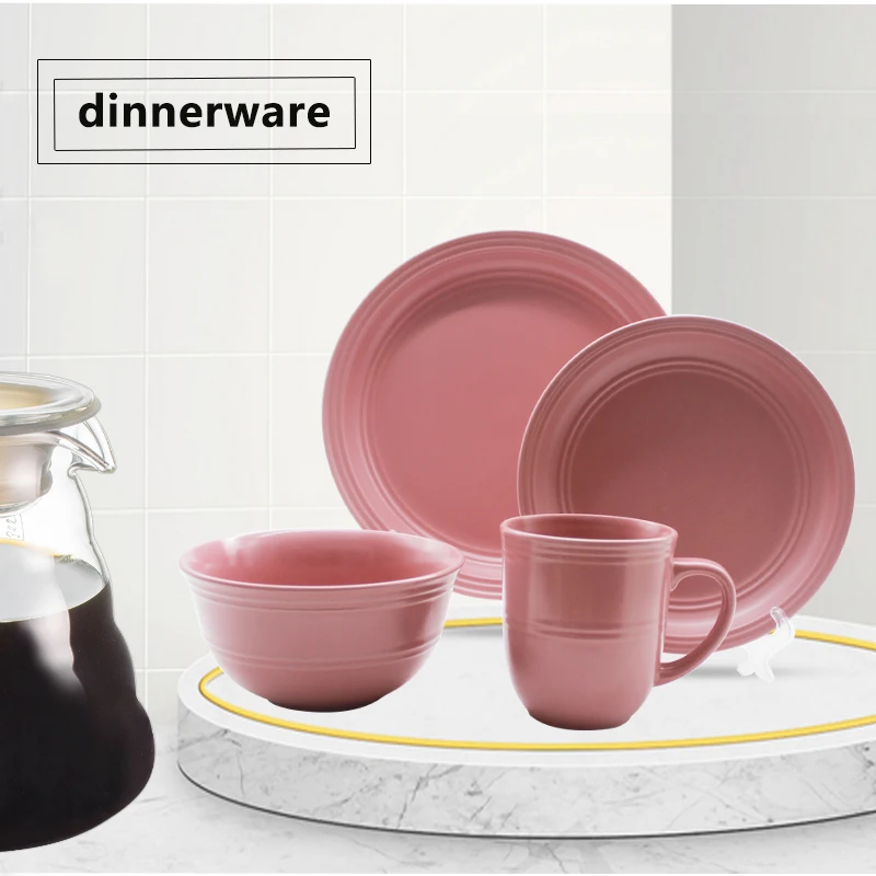 Элегантные Свадебные розовые обеденные тарелки и миски карамельных цветов набор керамической рельефной посуды оптом