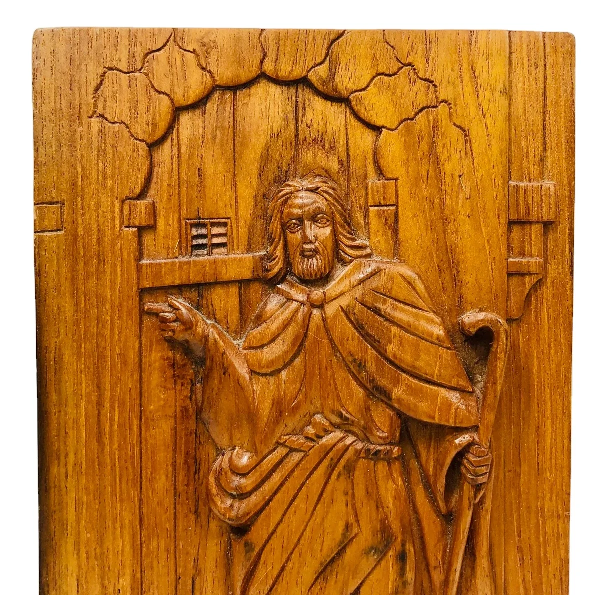 Vintage Wooden Carving Jesus Knocking on the Door Wall Hanging The Light of the World Christianity Religious Relic