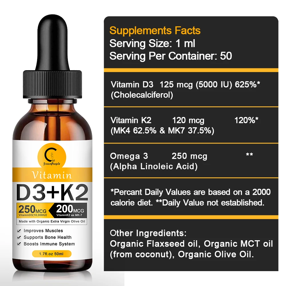  Organic Vitamin D3 K2 Liquid Drops Premium Immune Support Helps Strong Bones&Healthy Heart &