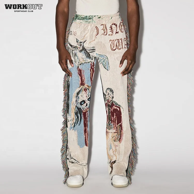 Custom Tassel Oversized Cargo Flare Unisex Stacked Woven Tapestry Pants For Men