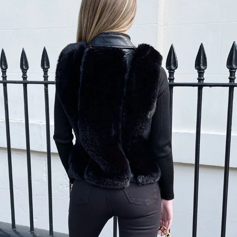 New Moto Biker Notched Women Vests Women Elegant Faux Fur Patchwork PU Leather Coats Women Zipper Slim Vests