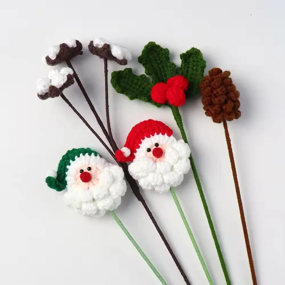 Handmade Wool Crochet Christmas Santa Claus Flowers Artificial Knit Yarn Flower Crochet Flower for Xmas Christmas Day Gifts