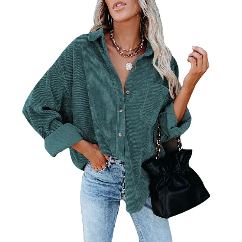 2021 New Arrival Fashion Loose Causal Top Plain Ribbing Blouse Solid Corduroy Shirt For Women