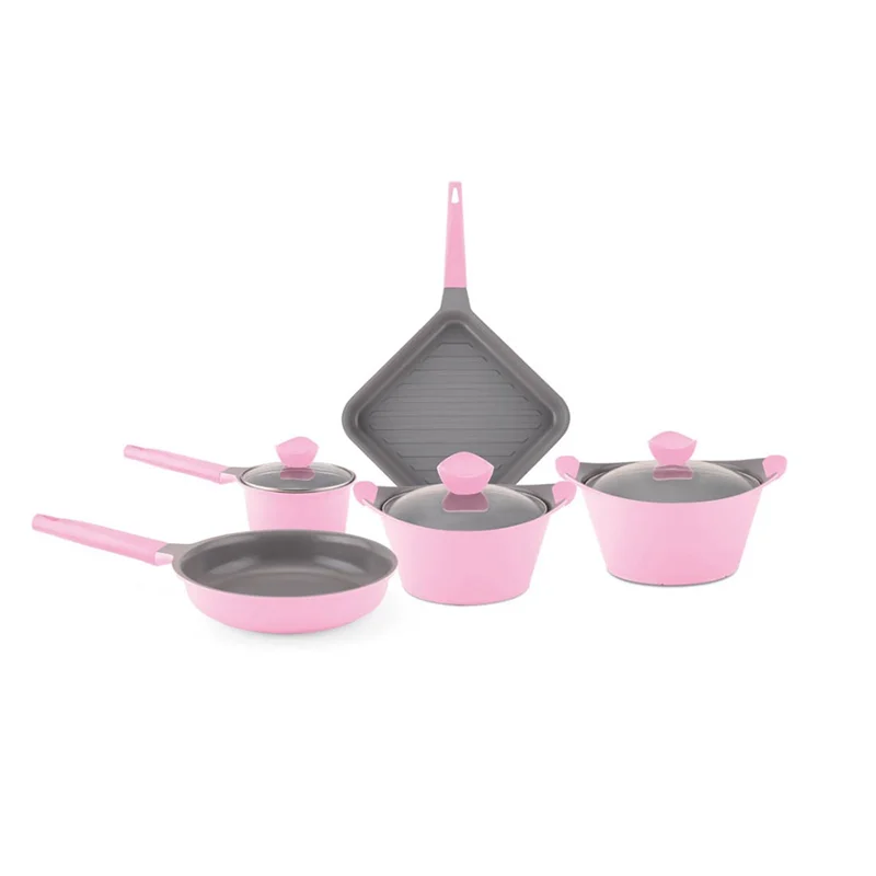 8Pcs Die Casting Pink Color Aluminium Non Stick Ceramic Coating Cookware Set